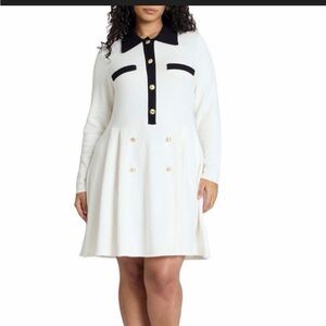 ELOQUII White and Black Long Sleeve Sweater Dress